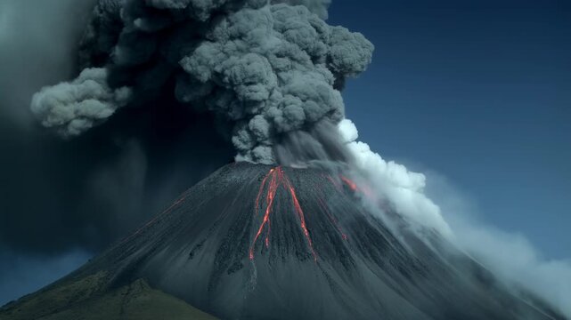 Powerful volcano eruption with molten lava and ash cloud magma fire rock mountain peak magma fire rock mountain peak