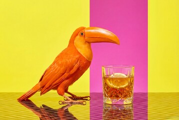 Naklejka premium Orange toucan bird standing next to whiskey glass with lemon on colorful yellow and pink background. Pop art style concept.