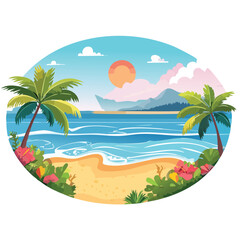 Obraz premium Tropical beach scene with palm trees sea waves and mountains under the sunlight
