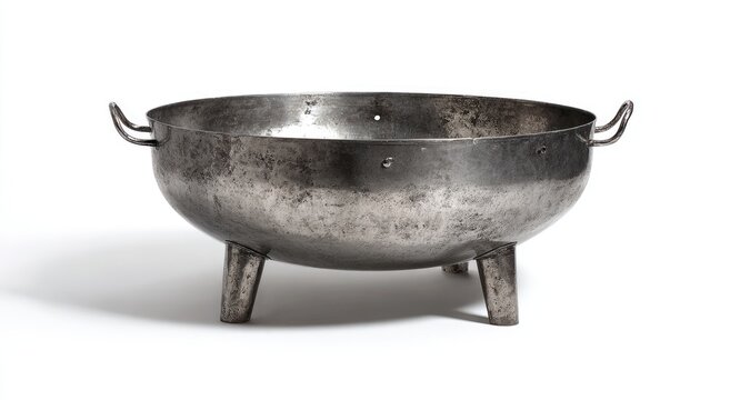 A shallow, silver metal basin with three legs and two handles