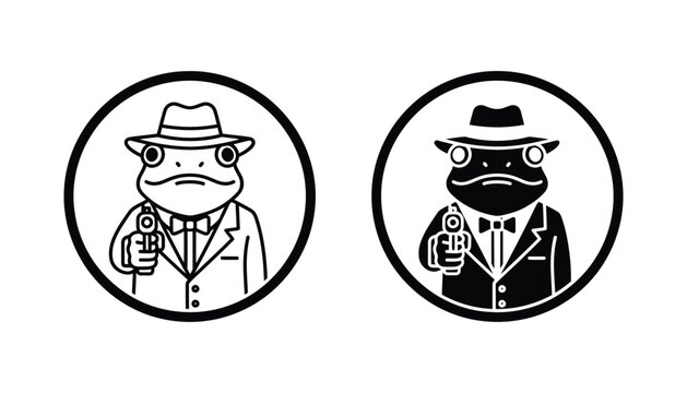 Funny mafia frog character wearing a suit and hat holding a gun in a circular badge style vector illustration