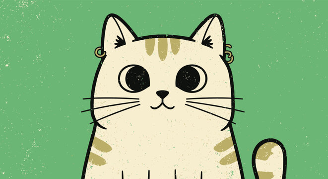 Close up portrait of cute illustrated cat with big dark eyes and golden hoop earrings on its ears against green background.