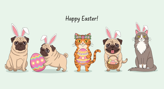 Group of cute pugs and cats wearing bunny ears and holding decorated eggs for a Happy Easter celebration.