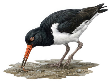 Oystercatcher bird with and feathers, orange beak, pulling a worm from muddy ground