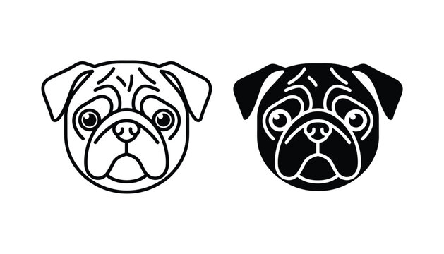 Cute pug dog head icon set with flat linear and solid black vector design for pet shop branding or veterinary service mobile applications