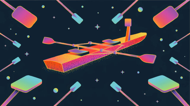 Neon rowing shell with crossed oars surrounded by paddles in cosmic water scene, vibrant retro sports illustration