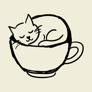 Sleeping Kitty in Teacup Hand Drawn Doodle Peaceful Cat Cozy Warm Drink Minimal Sketch Illustration
