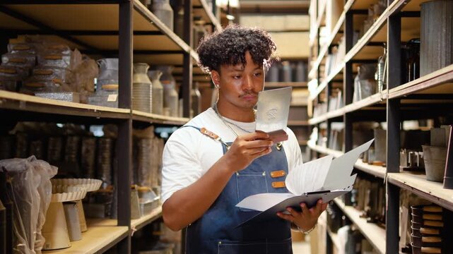 Young African American male worker in a denim apron checks inventory in a pottery warehouse, holding a clipboard and inspecting metal tags among shelves of ceramic vases and gardening supplies.