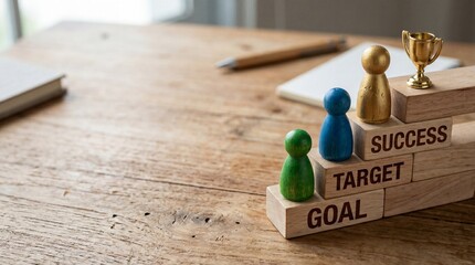 Fototapeta premium A wooden desk with game pieces and blocks representing success, target, and goal in a modern workspace.