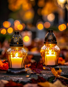 Znicze na grobie na cmentarzu - Święto Wszystkich Świętych