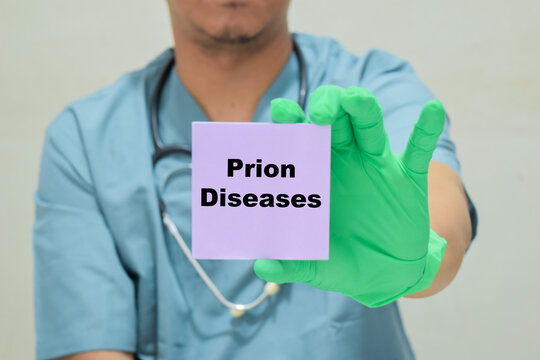 Doctor holds in hands a card with the name of the prion diseases. Medical concept