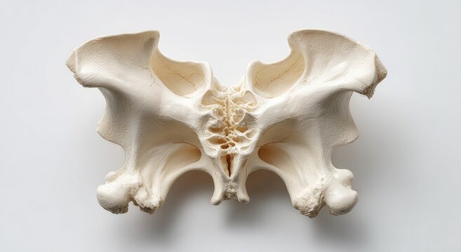 A detailed, top-down view of a pale, anatomical sacrum bone, isolated on a white background