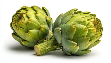 Fototapeta premium Two fresh, green artichokes with thick stems, isolated on white