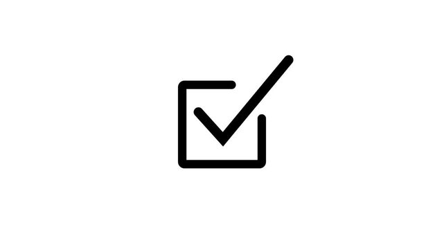 Check box check mark animation for selection confirmation status. Approved option and correct choice indication process icon on dark background.