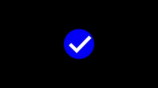 Animated reveal of a white checkmark icon in a blue circle on a Black background. check mark icon approval symbol.