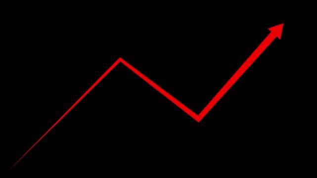Red business arrow graph going up volatile market graph isolated on a black background.