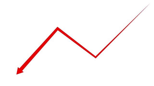 Arrow downward graph with indicating decline, loss, and negative trends on a white background.