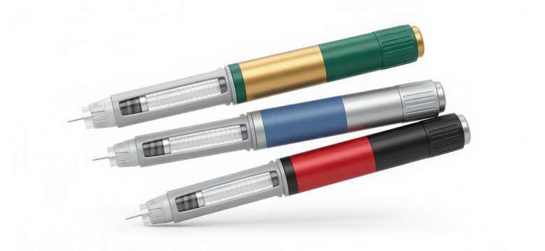 Three medical insulin pens with green, blue, and red caps arranged diagonally on background