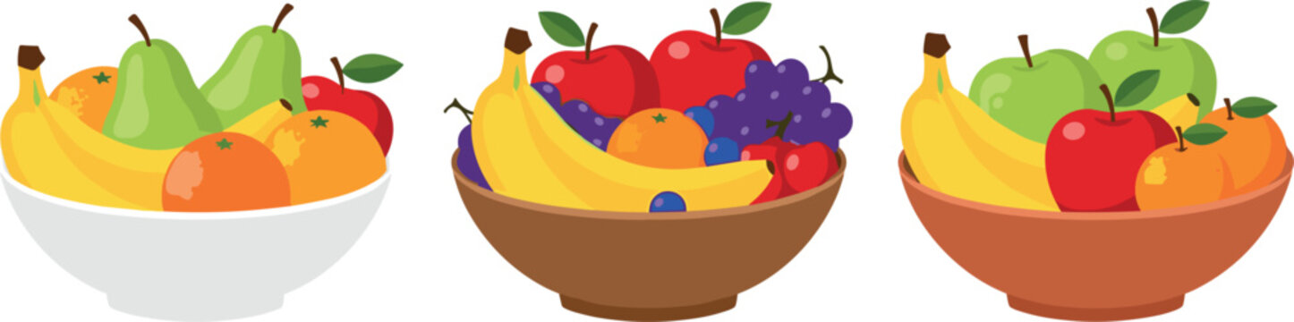 Set of three colorful fruit bowls filled with bananas apples pears grapes and oranges isolated on white background for healthy eating concepts vector illustration