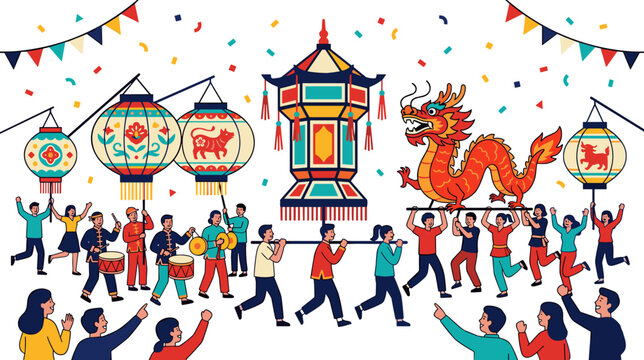 Festive street parade with giant lanterns dragon dance and crowd celebrating cultural festival concept