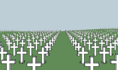 Obraz premium Wide field of white crosses in cemetery honoring fallen soldiers solemn memorial remembrance concept