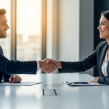 Smiling Business People Handshaking At Table In Sunny Office Setting