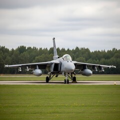 Fototapeta premium A fighter jet on a runway with trees in the background