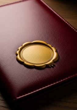 Close Up Golden Wax Seal on a Red Leather Notebook on Dark Wood