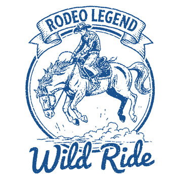 Vintage-style rodeo illustration featuring a cowboy riding a bucking horse inside a circular frame. The design has a distressed, textured blue ink effect on a white background, accompanied 