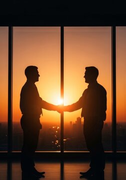 Two Businessmen Silhouette Handshake Against a City Sunset Through a