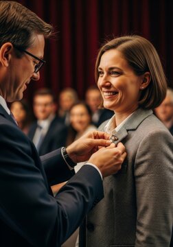 Man In Dark Suit Pins Medal On Smiling Woman In Gray Patterned Jacket