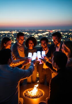 Diverse Group Of Friends Toasting With Glowing Drinks At Night