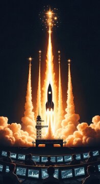 Pixel Art Rocket Launching From Control Center At Night Sky With