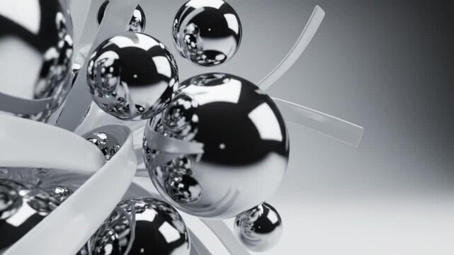 Abstract chrome spheres and white ribbons on grey background