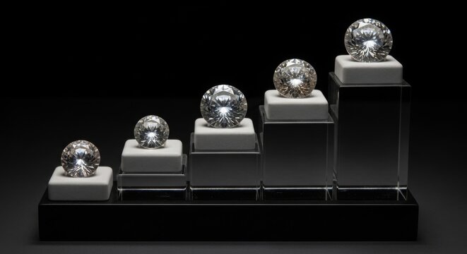 Five brilliant cut diamonds displayed on escalating grey and black