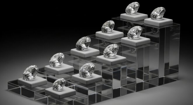 Sparkling diamonds arranged on a clear acrylic tiered display on dark