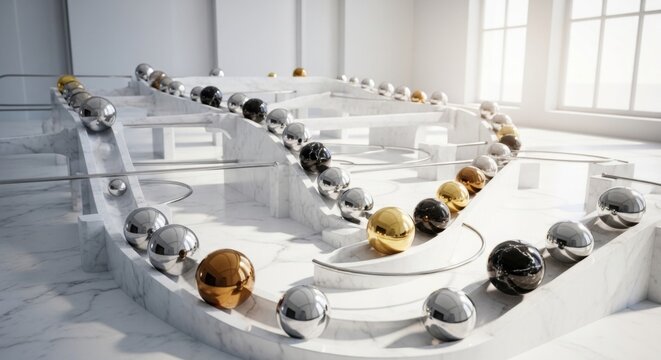 Abstract Art Installation with Metallic Spheres Rolling on Marble