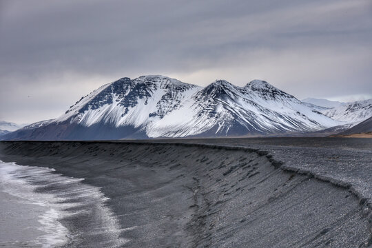 Black sand beach at Austurhorn on the Hvalnes peninsula in southeastern Iceland