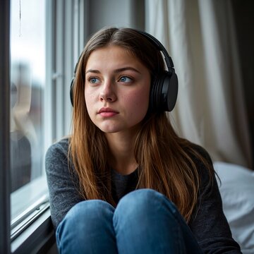 een girl listening to music with headphones, emotional mood, youth lifestyle, mental health and solitude concept, natural light portrait