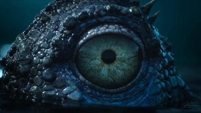 extreme close up of reptilian sea monster eye with textured scales partially submerged in ocean water dramatic lighting fantasy creature concept - danger