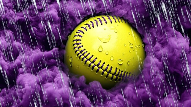 Vibrant yellow softball resting on a rich purple fuzzy surface under dramatic lighting