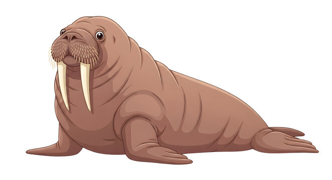 Brown walrus lies on transparent background with long tusks