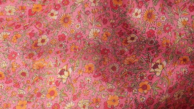 Natural silk fabric with floral pattern fluttering in the wind. Abstract waves create a beautiful pink background for design. Colorful garden flowers print on organic natural silk material. 