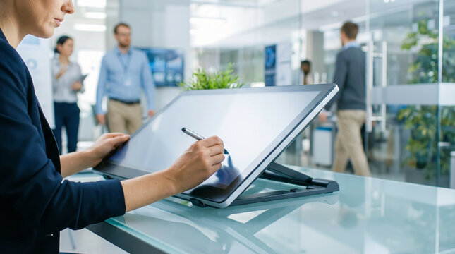 Female designer drawing on interactive touch screen monitor