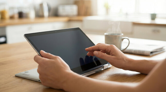 Person touching blank dark screen on modern convertible laptop