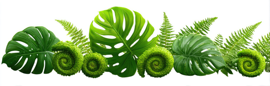 Lush green foliage with monstera and fern leaves forming a border