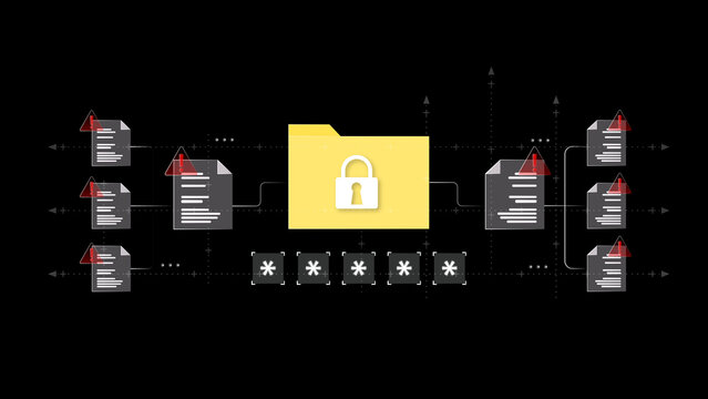 Data Security Gateway: A visual representation of secure data transfer and storage, with a central folder protected by a lock, symbolizing safety amidst potentially vulnerable documents. 