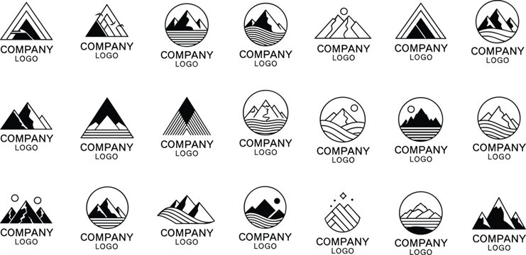 Professional collection of minimalist mountain landscape logo templates featuring black silhouette peaks and linear water reflections in circular and triangular frames for business branding.