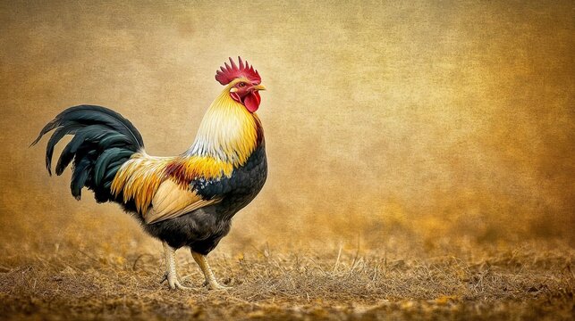 Vibrant Rooster Standing Proud in Sunlit Rustic Field Landscape Under Wide Blue Sky