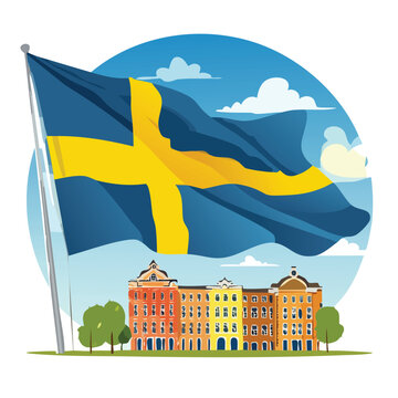 Swedish flag waving above buildings on a sunny day illustration